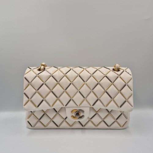 Chanel Medium Double Flap Bag in White Quilted Leather with Gold Hardware