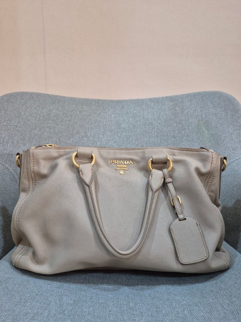 Prada Soft Calf Double Zip Tote Argilla Grey