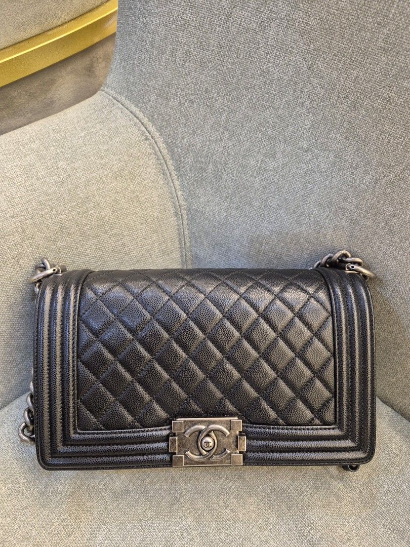 Chanel Boy Medium Black Quilted Caviar Leather Ruthenium Hardware